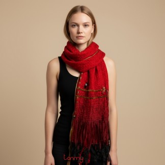 Red Kim Long hand-knitted organza silk and velvet scarf with lazy buttons